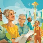 Diverse Seattle business owners and community members collaborating with the city skyline and Space Needle in the background, symbolizing partnership and local impact.